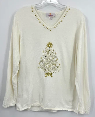 Quacker Factory Sweater Large Christmas Embellished Holiday Wearable Art Ivory - Image 1 of 4