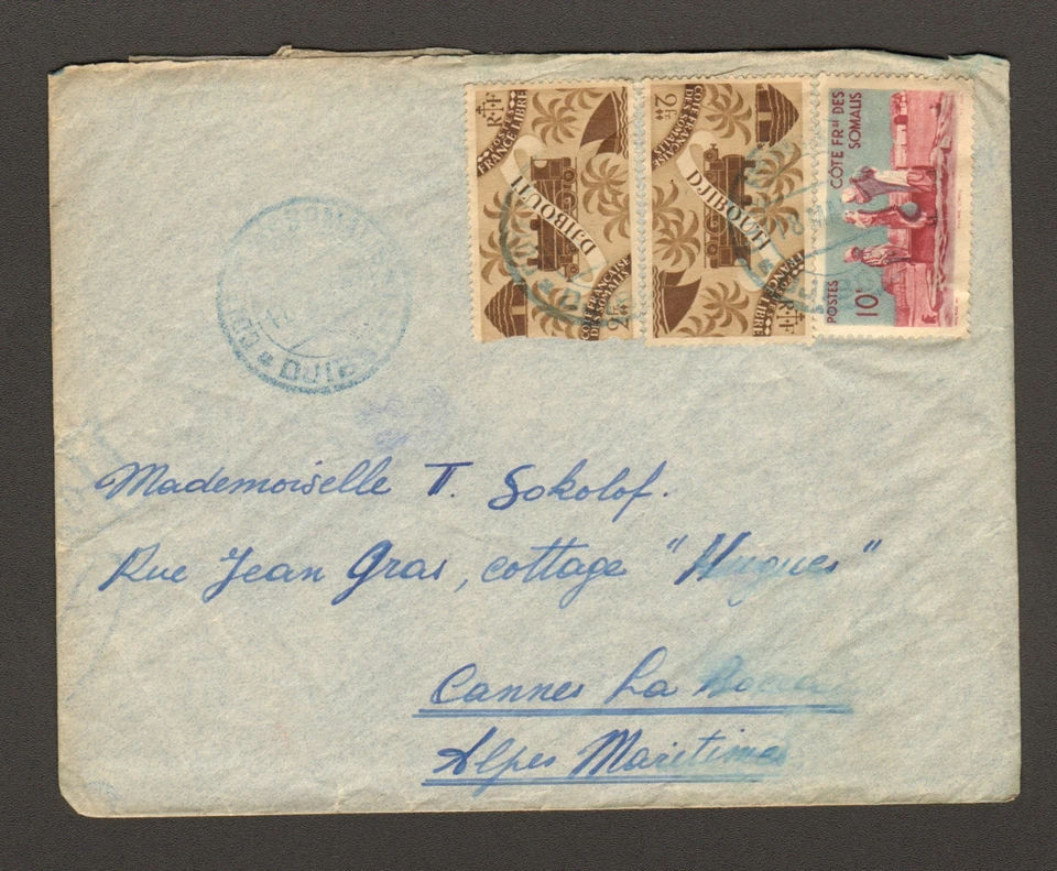 RARO SOMALÍ DJIBOUTI - COTE FRANCAISE DES SOMALIS 1949 SELLO CARTA 2F, 2F, 10F Foto 1 de 3