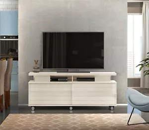 150cm TV Unit Cabinet Media Stand Sideboard White Gloss Sliding Doors on Wheels - Picture 1 of 5
