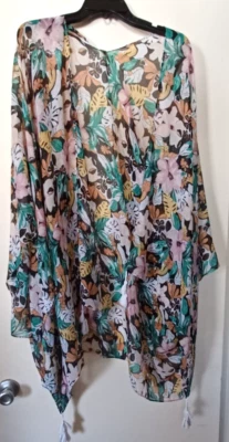 Lane Bryant Kimono Multicolor Floral Open Front Fringe Swim Cover Up Tassels Art - Image 1 of 4