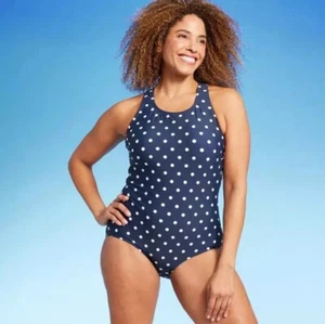 NWT Lands End sz L One pc Swimsuit Navy Polkadot High Neck Modest Fit crisscross - Picture 1 of 7