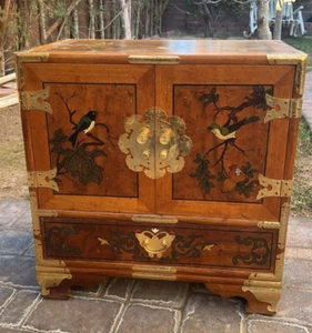 Asian Burl Wood Brass Mount Chest Cabinet Chinese Large Jewelry Box Ornate HTF! - Picture 1 of 17