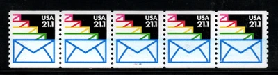 Stamp USA 21.1¢ Sealed Envelope - Plate #111111 Coil Strip of 5 stamps - SC#2150 - Image 1 of 2