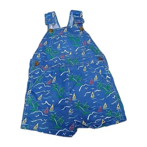 Salopette pantaloncino bambino vintage anni 80 3T made in Hong Kong blu barca a vela palma - Foto 1 di 11