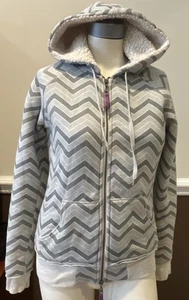 Billabong Sherpa Jacket Hoodie Women's Medium Gray Chevron Full Front Zipper - Picture 1 of 11