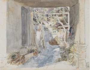 Blick aus einer Scheune, Aquarell Romantik Landschaft Unbekannt (19.Jhd) - Picture 1 of 5