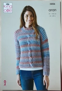 New Orig King Cole Aran Ladys Sweater & Cardigan 32"-40" Knitting Pattern 5806 - Picture 1 of 4