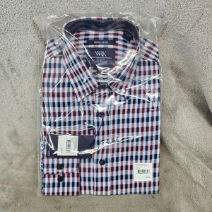 WRK Camicia Uomo 15 Blu Rosso Borgogna Manica Lunga Bottoni Abito Gingham *Nuovo con etichette* - Foto 1 di 9