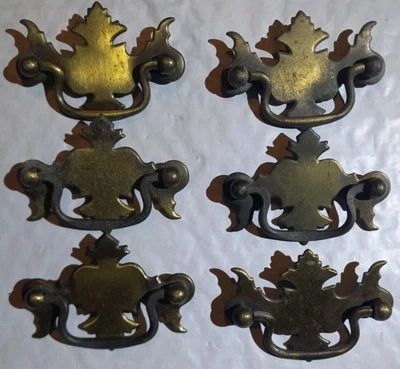 6 Vintage Brass Drawer Pulls 3” Center Drop Handle Elegant Beautiful Great Deal - Image 1 of 4