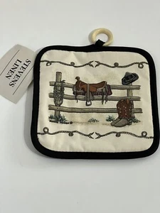 Neu mit Etikett Hot Pad Topfträger RÜCKSEITE IM SATTEL Stevens Leinen beige mit schwarzem Borte - Bild 1 von 6