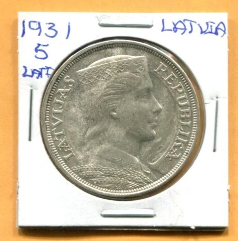 1931 LATVIA Silver 5 Lati Coin - Maiden Head Design - Free Shipping Cover