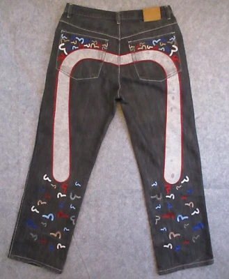 Jeans masculino Evisu 36x34 preto denim perna reta logotipos multicoloridos retrô - Imagem 1 de 4