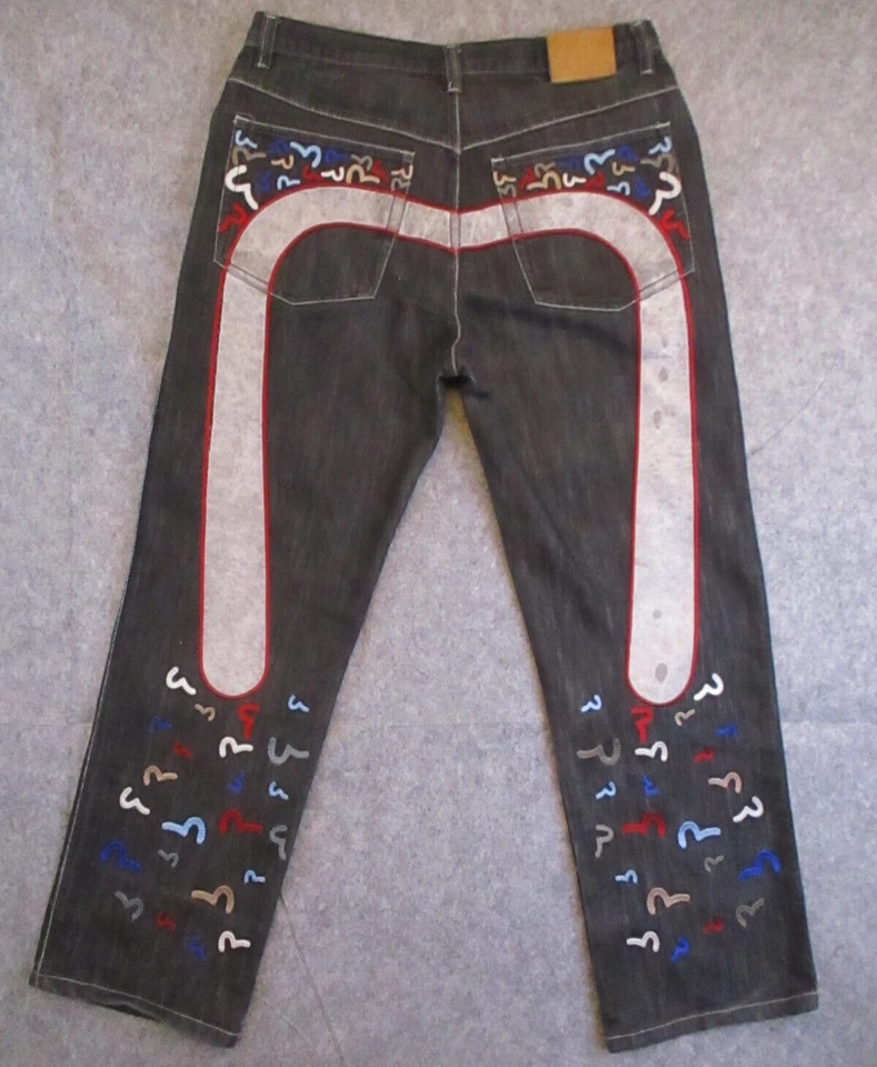 Мужские джинсы Evisu 36x34 черная джинсовая ткань прямые штанины многоцветные логотипы ретро - Изображение 1 из 4