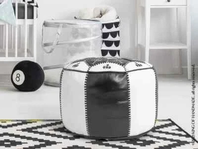Moroccan Handmade Genuine Leather Boho Pouf Ottoman Footstool Pouf Black/White - Image 1 of 4