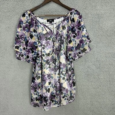 AGB Womens 2X Purple Floral Chiffon Lace Up Top Ruffle Short Sleeve Boho - Image 1 of 4