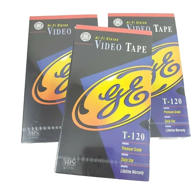 Lote de 3 cintas VHS en blanco GE T-120 grado premium Hi Fi estéreo 6 horas de cinta de video Foto 1 de 4
