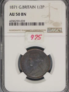 Great Britain 1871 1/2 Penny K-748.2 NGC AU50 BN - Picture 1 of 2
