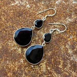 Pendiente de plata esterlina 925 púrpura amatista negro ónix vidrio colgante aro bisel - Imagen 1 de 7