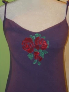 Hand Painted Red Roses Upcycle Women Moda International Purple Bra top dress XS - Picture 1 of 4