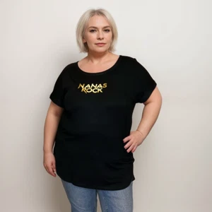 ROCKTHOSECURVES WOMENS NANA'S ROCK BLACK DIPPED HEM T-SHIRT - Picture 1 of 21