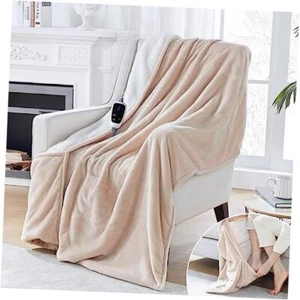 Electric Blanket with Foot Pocket for Adults, Flannel & Sherpa Heated Beige - Picture 1 of 7