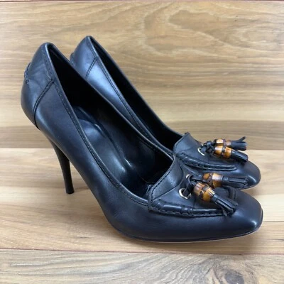 GUCCI Mujer Tacones Talla 9 B Cuero Negro Bambú Borla Puntera Cuadrada Foto 1 de 4