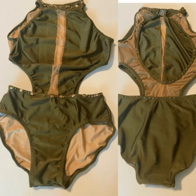 Fantasia de alta costura solo personalizado dança collant embelezado ouro verde strass SA - Imagem 1 de 4