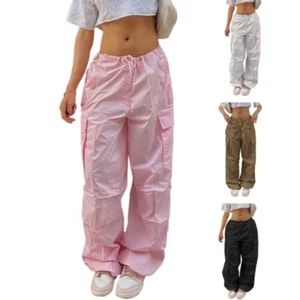 Women Parachute Pants Baggy Pants Cargo Pants with Pocket Low Waist Y2K Pants - Picture 1 of 24