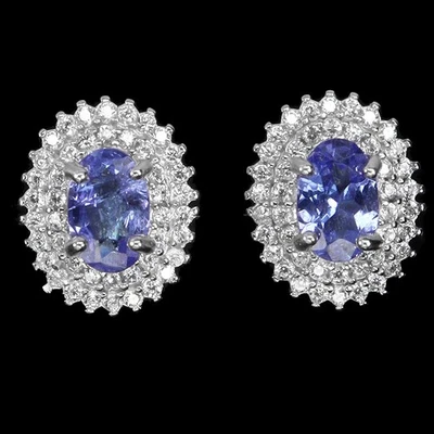 925纯银耳环椭圆形坦桑石6x4毫米天然宝石首饰 — 第 1/4 张图片