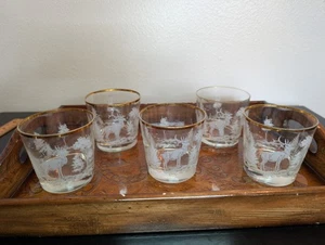 Vintage Libbey Gold Rimmed Etched Elk Whiskey Glass Set Of 4 Cocktail Barware - Picture 1 of 22