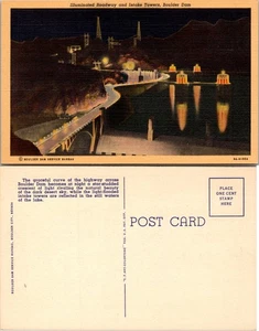 Postcard of Boulder Dam at Night with Illuminate Roadway and Intake Towers - Picture 1 of 1
