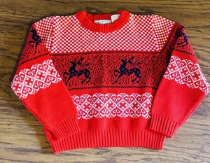 Kids Vintage Nordic Sweater Fair Isle Reindeer Red Knit Med~Alpine Patrol USA 7 - Picture 1 of 4
