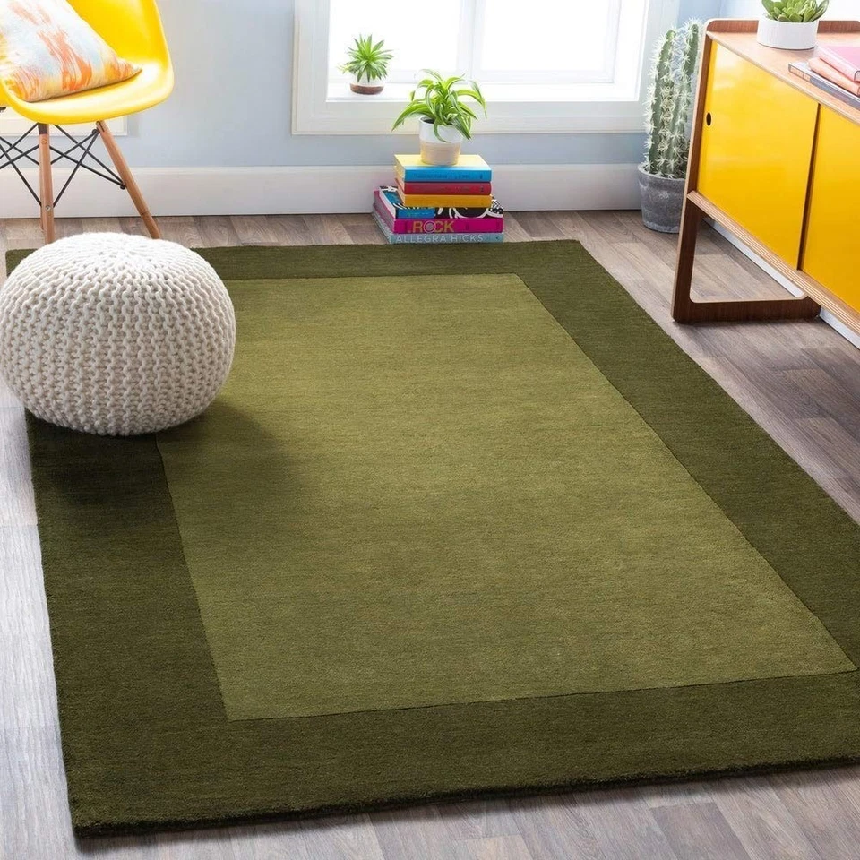 Olive Green Hand-Tufted Wool Area Rug 8x10 Handmade Modern Living Room Carpet - Image 1 of 4