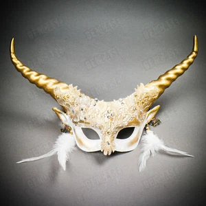 White Fairy/Devil Krampus Gold Long Horn Feather Earring Masquerade Party Mask - Picture 1 of 8