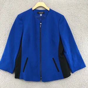 Kasper Blazer Womens 10 Blue Black Zip Up Pockets Color Block Office Career Work - Picture 1 of 12