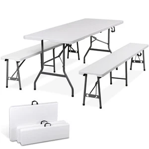 Folding Table Set w/2 Benches 6FT Camping Picnic Table Set Outdoor Indoor White - Picture 1 of 21