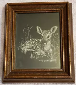 Carol Kehler-Hemdal signiert Kratzkunst Hirsch Rehkitz 5x7” 1980er Original Vintage - Bild 1 von 3