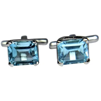 Abotoaduras simples masculinas feitas à mão com pedra preciosa octógono topázio azul prata esterlina 925 - Imagem 1 de 4