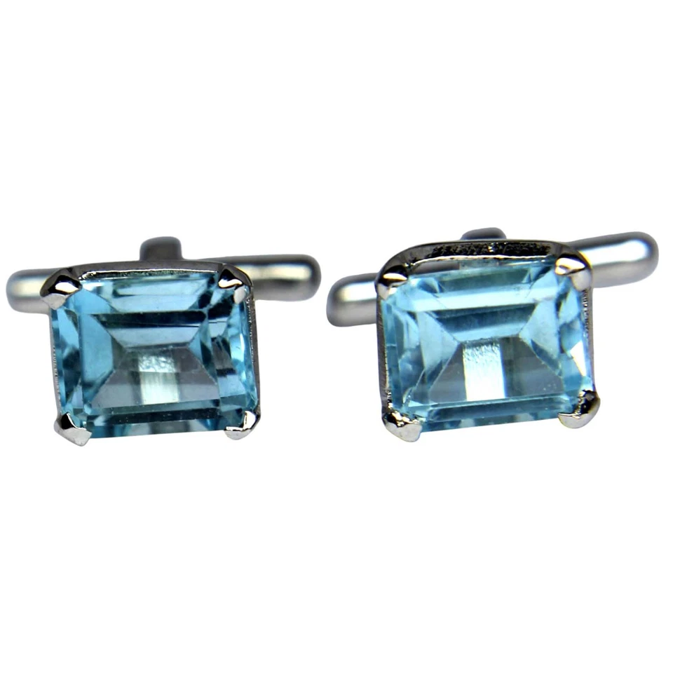 Мужские простые запонки ручной работы из стерлингового серебра 925 пробы с голубым топазом восьмиугольником - Изображение 1 из 4