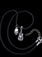 Silver skull heavy rock guitar  pendants biker punk gothic black cord necklace