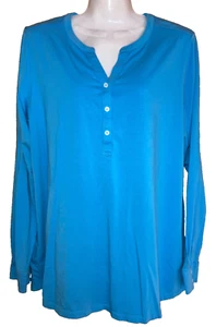 Lands End donna taglia large 14-16 blu Henley scollo a V cotone elasticizzato manica lunga - Foto 1 di 8