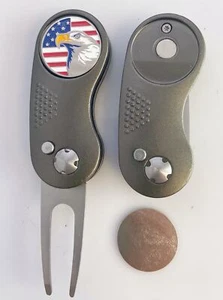 SWITCHBLADE GOLF Patriótico EE. UU. ÁGUILA Gris HERRAMIENTA DE REPARACIÓN DIVOT + Bandera de Marca de Bola - Imagen 1 de 1