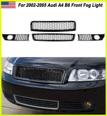For Audi A4 B6 2002-2005 RS Style Front Upper Lower Grill+Fog Light Grille Black - Image 1 of 4
