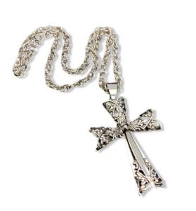 "Collar vintage grande grueso cruz cristiana cromo plata declaración 25""" - Imagen 1 de 12
