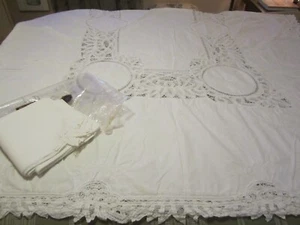 "Mantel de encaje vintage Battenburg blanco recorte de algodón 98 x 64"" y 12 servilletas" - Imagen 1 de 16