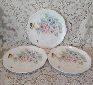 3 Salad Plates LENOX Butterfly Meadow Hydrangea Pink Blue Green Fine Bone China - Picture 1 of 4