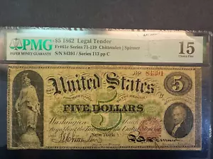 1862 $5 Legal Tender FR 61c Circulated PMG Choice Fine 15 (No Comments) - Picture 1 of 8
