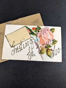 Greetings from St. Louis MO Antique Postcard Glitter Embossed Mini Letter Rose - Picture 1 of 7