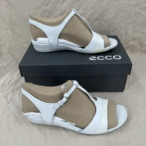 ECCO Strap Sandal Women 10-10.5 EU 41 White 2 Tone Wedge Leather Dress Shoe - Picture 1 of 6