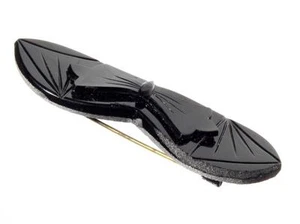 Antique Victorian jet black mourning glass oval bow flower pin brooch - Picture 1 of 3